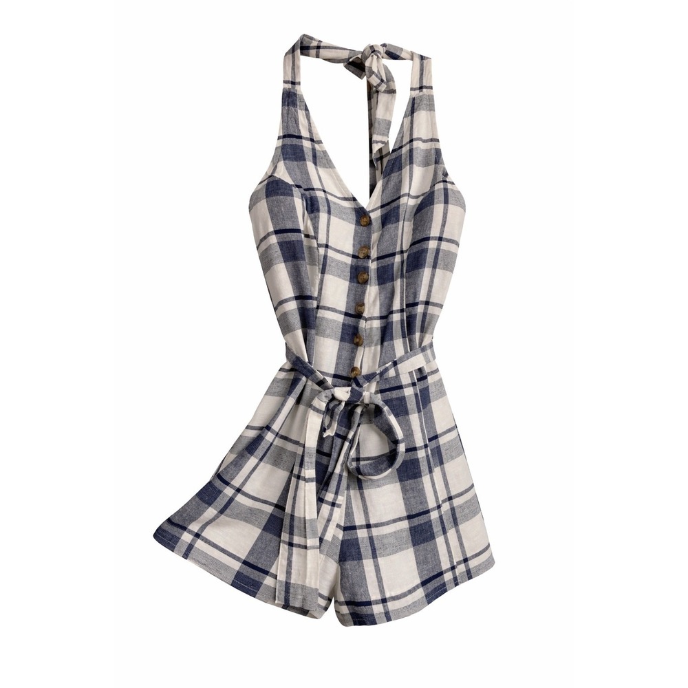AE Halter Romper M NWT $60 Navy Plaid Button Front Tie Waist